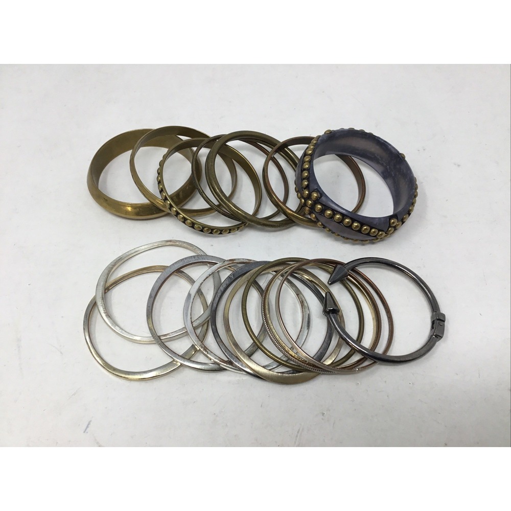 Silver And Bronze Chunky Bangle Lot Studded Horseshoe Cuff Grey Resin
